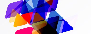 Üstüste binen yarı şeffaf üçgenler içeren soyut bileşim. Canlı renkler harmanlanarak, dinamik görsel efekt yaratır. Modern tasarım elemanları.