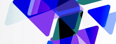 Üst üste binen üçgenler içeren soyut bileşim. Gözlükler mavi, mor ve daha açık renkli cyan renklerinde. Minimalist tasarım, temiz arkaplan.