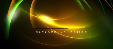 Soyut neon çizgileri dinamik eğriler yaratır. Parlak gradyanlar, sarı, yeşil, turuncu renkleri siyah arkaplan üzerinde harmanlarlar. Metin arkaplan tasarımı okur.