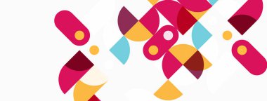 Soyut geometrik şekiller örtüşür, canlı renkli desenler yaratır. Pembe, sarı, mavi tonlar beyaz arkaplana hükmediyor. Modern tasarım.