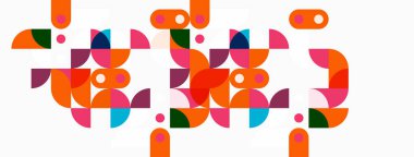 Soyut geometrik şekiller, canlı renkler, neşeli kompozisyon. Desenler dinamik görsel deneyimler yaratır. Modern tasarım elemanları.