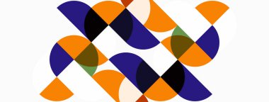 Soyut geometrik desen. Üst üste binen daireler dinamik bileşim yaratır. Turuncu, mor, bej renkler tasarımda baskın. Modern estetik.