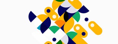 Soyut geometrik şekiller örtüşür ve canlı bir bileşim yaratır. Sarı, mavi, yeşil tarafsız bir arkaplan. Modern tasarım elemanları.