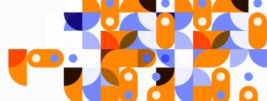 Soyut geometrik desen. Turuncu, mavi, kahverengi şekiller modern tasarımı oluşturur. Minimalist estetik, temiz çizgiler, düz çizimler.