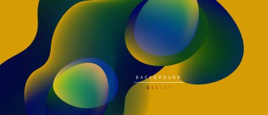 Soyut sıvı şekilleri örtüşür ve canlı renk değişimleri yaratır. Sarı arka plan mavi, yeşil renkleri tamamlıyor. Modern tasarım ögesi.
