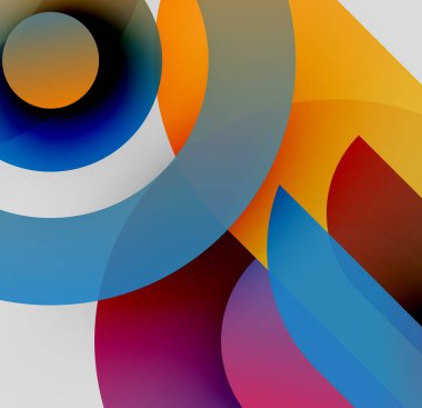 Üst üste binen renkli daireler içeren soyut bir kompozisyon. Gradyan renkler dinamik görsel efekt yaratır. Modern tasarım, canlı, basit.