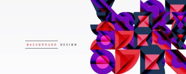 Soyut geometrik şekiller, canlı renkler, modern tasarım. Kompozisyon, beyaz uzayda kırmızı, mor ve mavi elementlere sahiptir. Minimalist estetik.