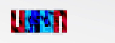 Pikselleştirilmiş metin Üniteyi heceler. Kırmızı, mavi renkler dizaynın hakimi. Beyaz arkaplan karşıtlık sunar, basit estetik.