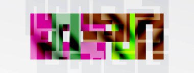 Soyut mozaik desen. Dikdörtgen bloklar canlı pembeler, yeşiller, kahverengiler gösteriyor. Beyaz arka plan karşıtlık sağlar. Basit geometrik tasarım.