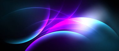 Soyut tasarım dalgalı kıvrımlar, canlı maviler, pembeler, beyaz ışık içerir. Dinamik bileşim modern görsel etki yaratır.