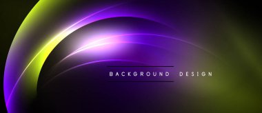 Soyut akış çizgileri canlı mor, sarı bir eğilim yaratır. Koyu arkaplan aydınlık eğrileri, modern tasarım elementini vurgular.