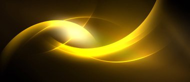 Soyut altın çizgiler dinamik akış yaratır. Parlak ışık kaynağı, karanlık arkaplanı zıt tutarak enerji yayar. Yumuşak kıvrımlar hareketi gösterir.