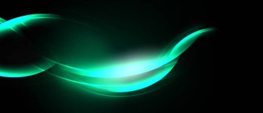 Soyut turkuaz dalgalar, parlak ışık, karanlık arkaplan. Düz kıvrımlar dinamik görsel efekt yaratır. Minimalist tasarım.