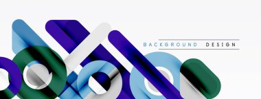 Soyut geometrik şekiller örtüşür, dinamik bileşim yaratır. Mavi, yeşil, mor renkler tasarımda baskın. Minimalist stil.