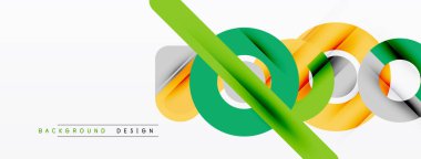 Soyut tasarım katmanlı kurdeleler içerir. Yeşil, sarı, gümüş renkler dinamik kompozisyon oluşturur. Minimalist tarz, modern estetik.