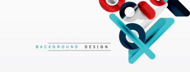 Soyut geometrik şekiller örtüşür, dinamik bileşim yaratır. Mavi, kırmızı, siyah renkler beyaz arkaplana hakim. Minimalist tasarım unsurları.