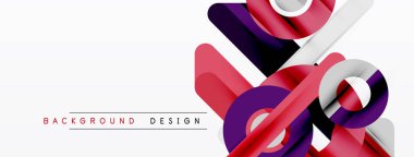 Soyut geometrik şekiller örtüşür, dinamik görsel efekt yaratır. Kırmızı, mor, gümüş renkler beyaz arkaplana hükmediyor. Modern tasarım ögesi.