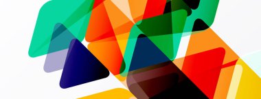 Soyut geometrik şekiller örtüşür, canlı renk karışımları yaratır. Üçgenler, dinamik görsel doku sunarak kompozisyona hakim olurlar..