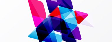 Soyut geometrik şekiller örtüşüyor, canlı renk eğimleri yaratıyor. Kompozisyon beyaz arkaplanda maviler, pembeler, morlar, kırmızılar içerir.