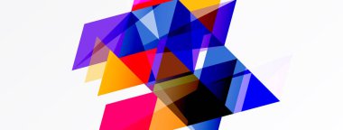 Soyut geometrik şekiller örtüşür, canlı renkli kompozisyon oluşturur. Kalın üçgenler modern estetik sunarak tasarıma hükmediyor..