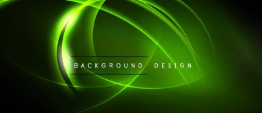 Soyut yeşil ışık dalgaları dinamik arkaplan yaratır. Metin, parlayan eğrilerin altındaki arkaplan dizaynını okuyor. Basit, modern estetik..