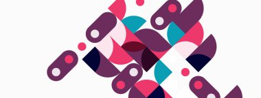 Soyut geometrik şekiller örtüşür ve canlı bir bileşim yaratır. Pembe, mor, deniz mavisi nötr arka plana hakim. Modern tasarım elemanları.