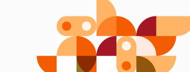 Soyut geometrik bileşim. Çemberler, yarı daireler, dikdörtgenler eğlenceli desenler oluşturur. Sıcak renkler tasarıma hakim. Minimalist estetik.