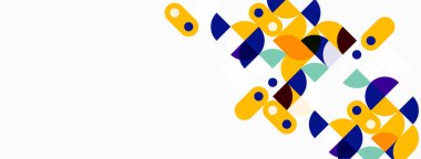 Soyut geometrik şekiller, canlı renkler, minimalist tasarım. Kompozisyon daireler, kareler, dikdörtgenler, üst üste binen formlar içerir. Temiz estetik.