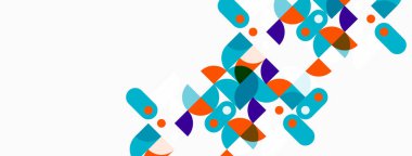 Soyut geometrik şekiller çakışıyor, renkli desenler yaratıyor. Mavi, turuncu, mor renkler beyaz arkaplana hükmediyor. Modern tasarım ögesi.