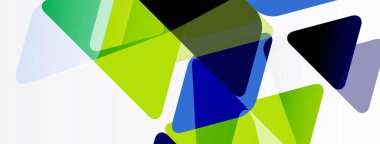 Soyut geometrik şekiller örtüşür, canlı renk karışımları yaratır. Yeşiller, maviler beyaz arkaplana hükmediyor. Modern tasarım ögesi.