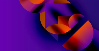 Mor arkaplan üzerinde turuncu şekilli soyut kompozisyon. Dinamik eğriler, keskin açılar modern görsel etki yaratır.