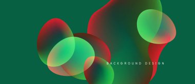 Soyut sıvı şekilleri örtüşür, canlı renk karışımları yaratır. Yeşil arka planda baskın, kırmızı aksanlar mevcut. Modern tasarım ögesi.