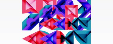 Soyut geometrik şekiller örtüşür, canlı renkli kompozisyon oluşturur. Pembe, mor, deniz mavisi egemen tasarım. Modern estetik.