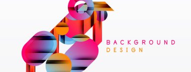 Soyut geometrik şekiller örtüşüyor, canlı renk eğimleri yaratıyor. Tasarım pembeler, maviler, portakallar, artı beyaz boşluk içerir. Modern estetik.