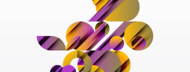 Soyut geometrik şekiller örtüşür, dinamik bileşim yaratır. Mor, altın tonlar minimalist arka plana baskın gelir. Modern tasarım.