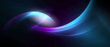 Soyut akışkan şekiller, canlı maviler, morlar, beyaz ışık. Pürüzsüz gradyanlar dinamik görsel efekt yaratır. Koyu arkaplan aydınlığı vurgular.