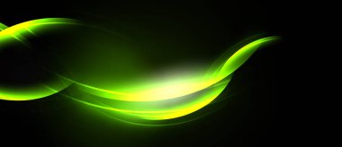 Parlak yeşil kıvrımlar siyah arkaplan boyunca akar. Işık merkezden yayılır ve dinamik görsel efekt yaratır. Pürüzsüz şekiller hareketi işaret eder.