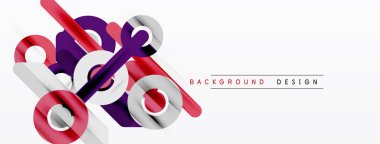 Soyut geometrik şekiller örtüşür, dinamik görsel efekt yaratır. Kırmızı, mor, gümüş renkler beyaz arkaplana hükmediyor. Modern tasarım ögesi.