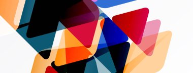 Soyut geometrik şekiller örtüşür, canlı renk karışımları yaratır. Kompozisyon üçgenler, eğriler, şeffaflık, modern tasarım elementleri içerir.