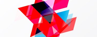 Soyut geometrik şekiller örtüşür, canlı renk zıtlıkları yaratır. Pembe, kırmızı, mavi, mor beyaz arka plana hakim. Modern tasarım.