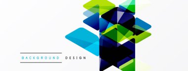 Soyut geometrik şekiller örtüşür, canlı renk bileşimi yaratır. Modern tasarım elementleri yenilik ve teknoloji öneriyor. Temiz estetik.