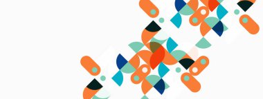 Soyut geometrik şekiller, turuncu, yeşil, deniz mavisi. Minimalist tasarım, temiz çizgiler, modern estetik. Çapraz düzenleme dinamik görsel akış yaratır.