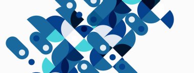 Soyut geometrik desen. Mavi gölgeler baskın, daireler üst üste binerek dinamik bileşim oluşturuyor. Minimalist tasarım, modern estetik.