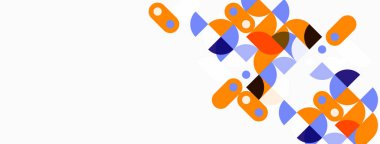 Soyut geometrik şekiller, turuncu, mor, mavi. Minimalist tasarım, temiz arka plan, modern estetik. Basit kompozisyon, düz çizim.