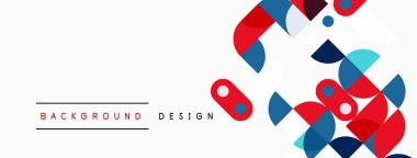 Soyut geometrik şekiller örtüşür, dinamik görsel doku oluşturur. Kırmızı, mavi, deniz mavisi beyaz alana hükmediyor. Minimalist tasarım unsurları.