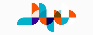 Soyut geometrik şekiller çakışıyor, dinamik görsel desen oluşturuyor. Renkler arasında turuncu, deniz mavisi, mor, deniz mavisi var. Minimalist tasarım.