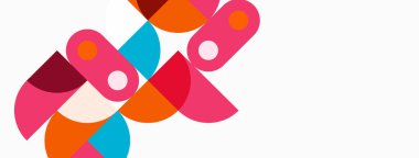 Soyut şekiller örtüşür, canlı bir bileşim yaratır. Pembe, turuncu, deniz mavisi renkleri beyaz arkaplana hakim. Modern tasarım elemanları.