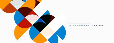 Soyut geometrik şekiller çakışıyor, dinamik görsel ilgi yaratıyor. Turuncu, mavi, siyah, gri renkler kompozisyona hakim. Minimalist tasarım.