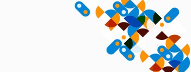 Soyut geometrik şekiller çakışıyor, renkli desenler yaratıyor. Mavi, turuncu, kahverengi tarafsız arkaplan. Minimalist tasarım.