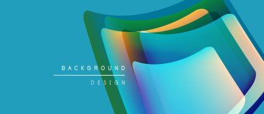 Soyut katmanlar canlı, akışkan bir tasarım yaratır. Mavi egemen, turuncu, yeşil ve mor renklerde vurgulanıyor. Mevcut en küçük metin.